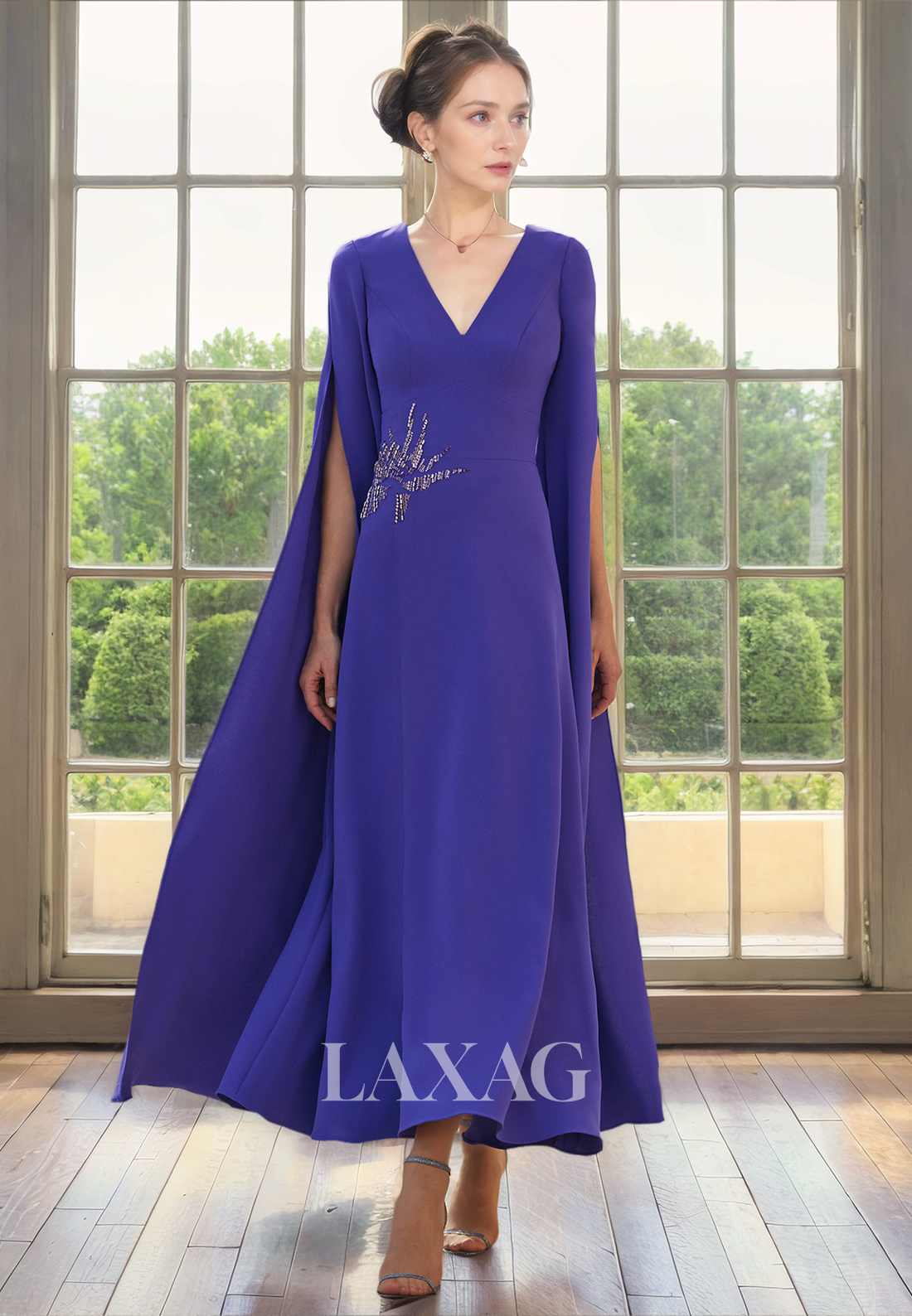 A-Line V-Neck Sleeves Beaded Elegant Mother of the Bride Dress