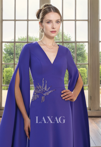 A-Line V-Neck Sleeves Beaded Elegant Mother of the Bride Dress