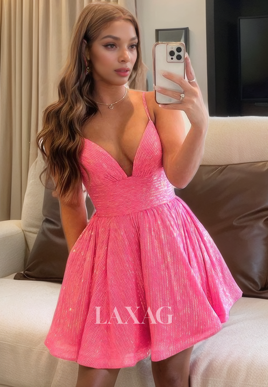 A-Line V-Neck Spaghetti Straps Backless Glitter Party Homecoming Dress