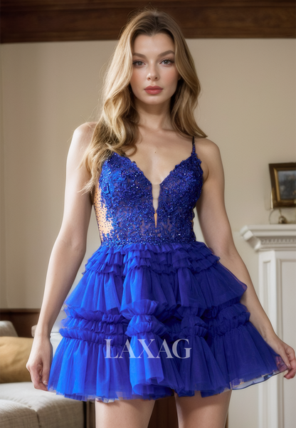 A-Line V-Neck Straps Appliques Beaded Tulle Party Homecoming Dress