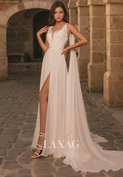 A-Line V-Neck Straps Backless Sequins Tulle High Slit Wedding Dress with Train