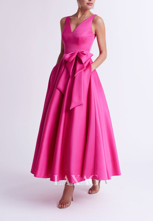 23111 - A-Line V-Necl Ankle-Length Sleek Satin Cocktail Party Formal Evening Dress