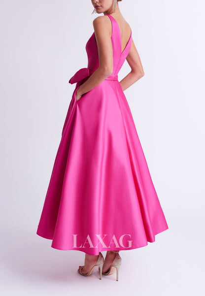 23111 - A-Line V-Necl Ankle-Length Sleek Satin Cocktail Party Formal Evening Dress