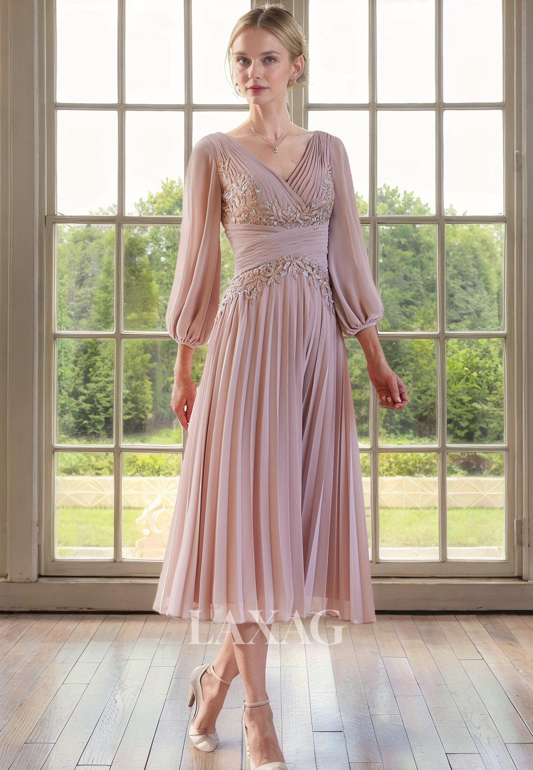 A-Line V-Neck Long Sleeves Appliques Beaded Elegant Mother of the Brid –  Laxag