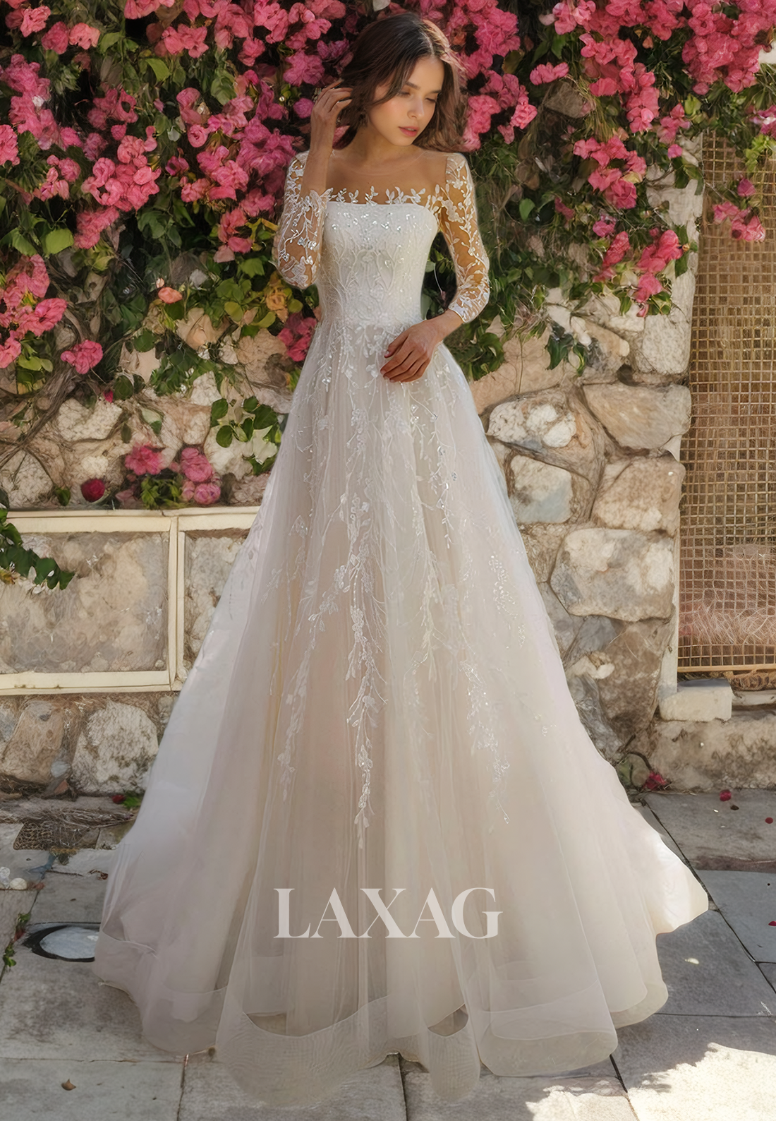 A-Linie Long Sleeves Tulle Lace Appliques Sequins Wedding Dress with Train