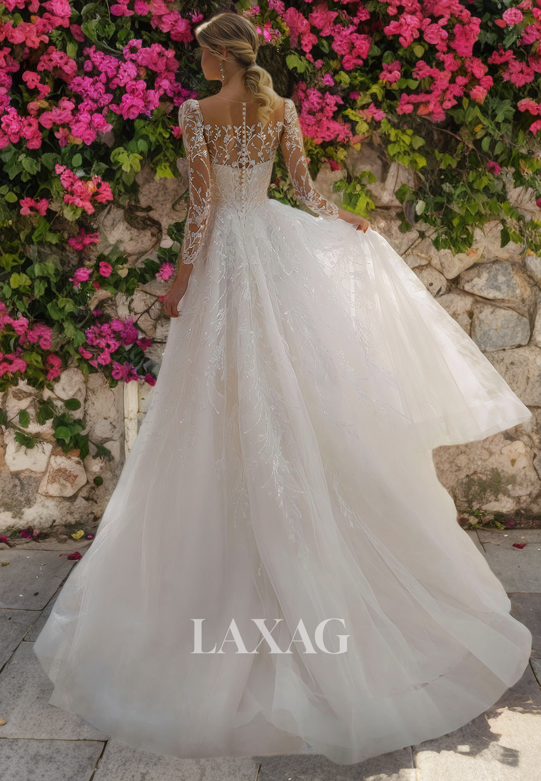 A-Linie Long Sleeves Tulle Lace Appliques Sequins Wedding Dress with Train