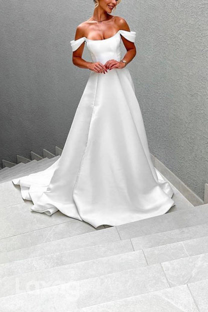 22940 - A-Linie Off Shoulder Sleek Satin Elegant Wedding Dress with Train