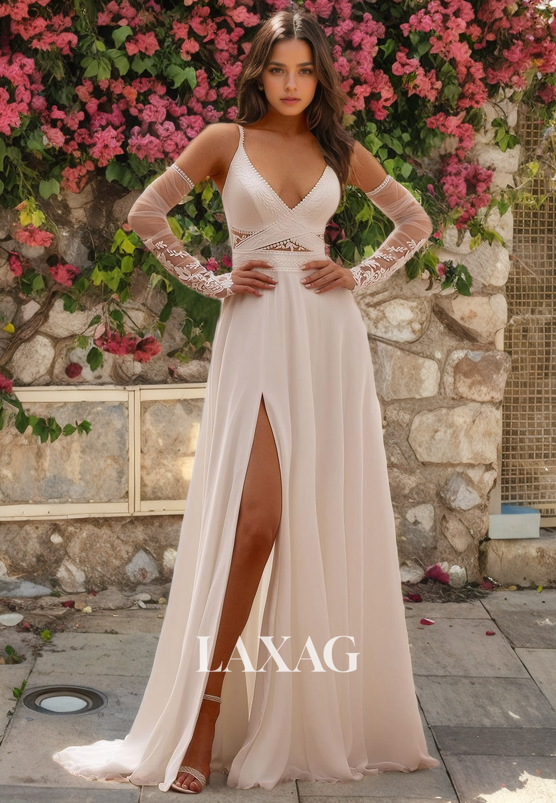 15705 - A Line V neck Lace Beach Wedding Dress with Slit