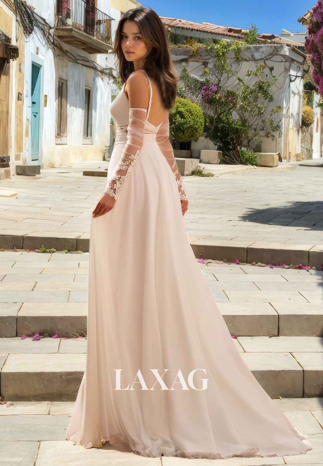 15705 - A Line V neck Lace Beach Wedding Dress with Slit