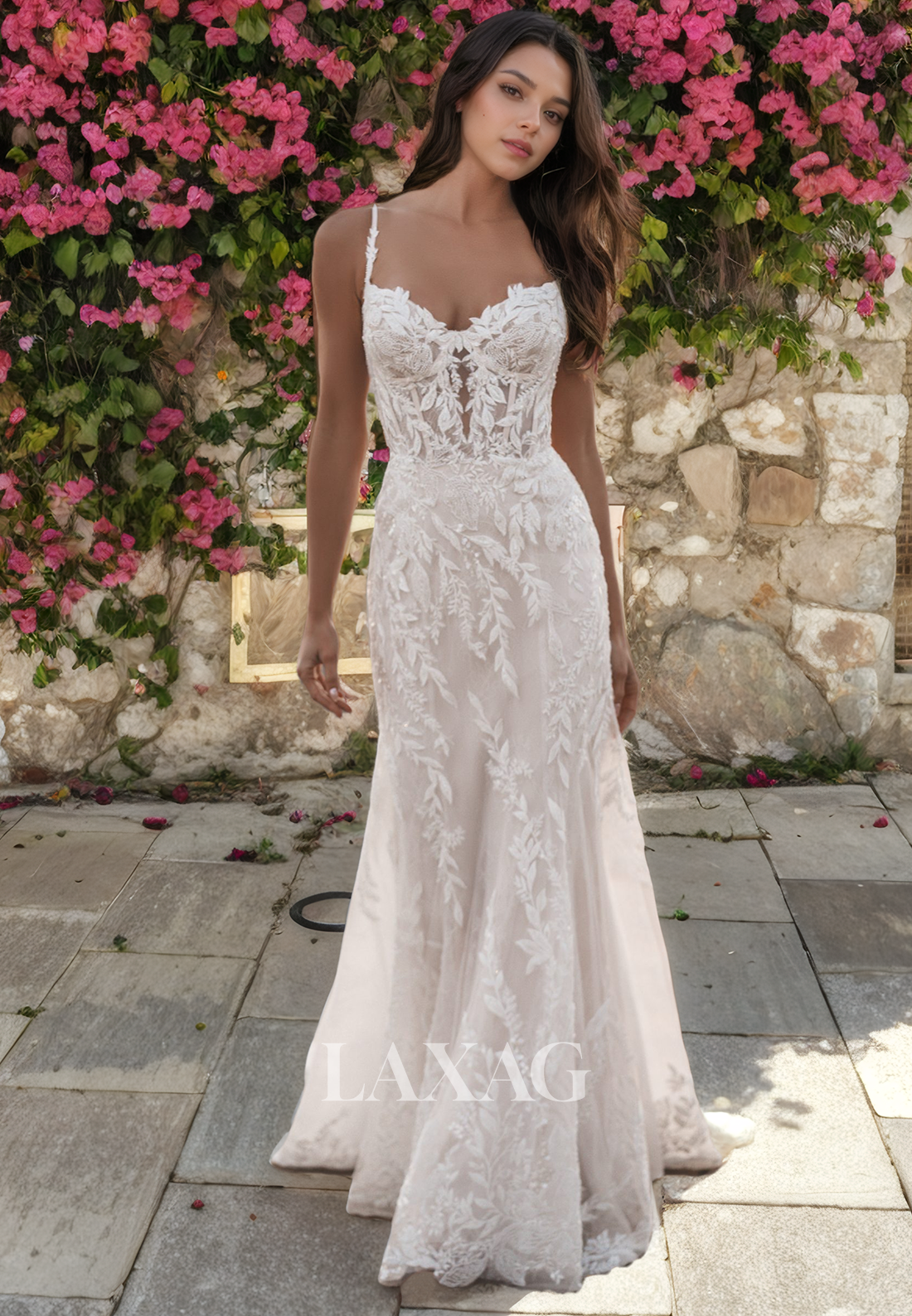 A-Linie Straps Backless Lace Tulle Elegant Wedding Dress with Train