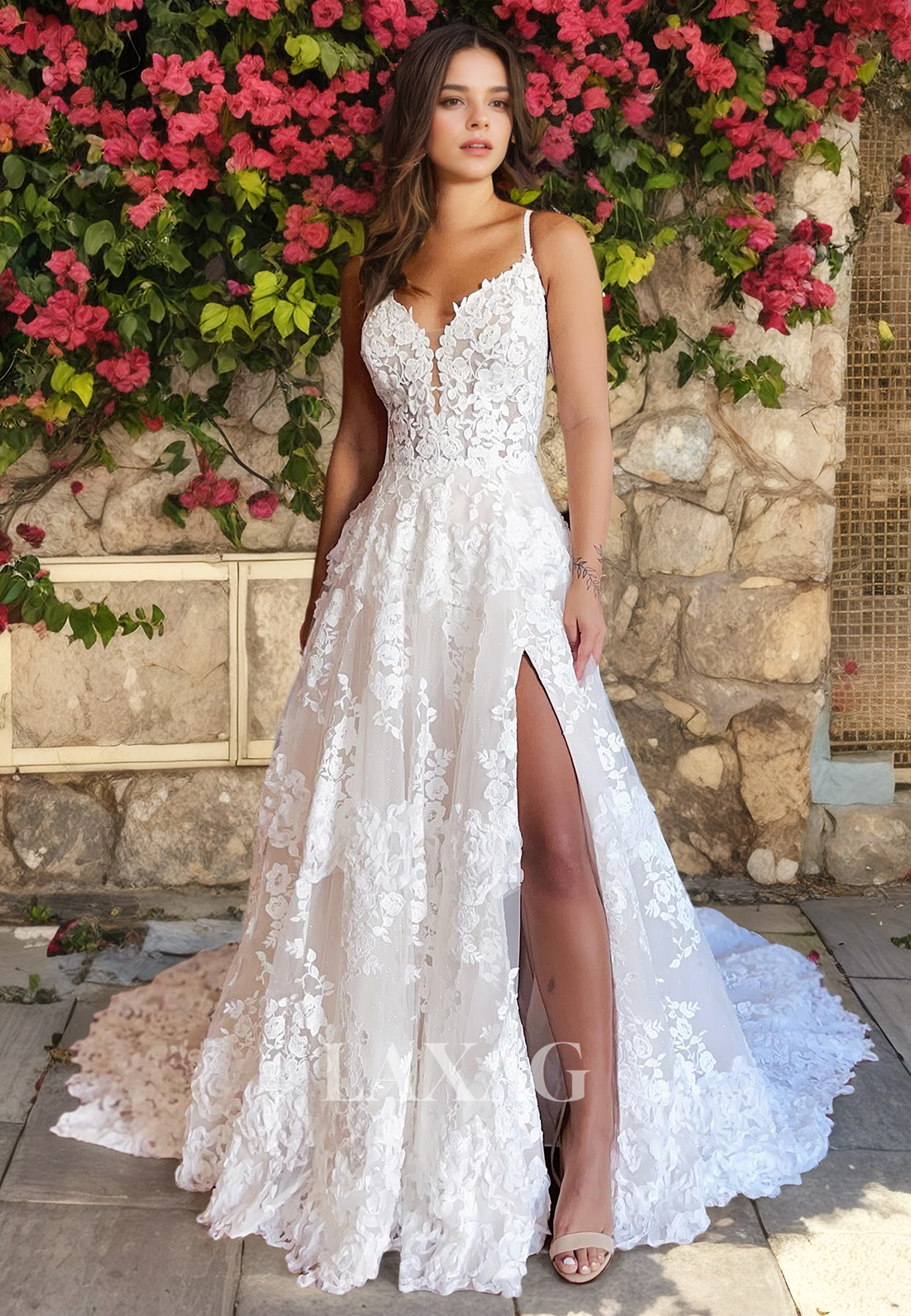 A-Line Spaghetti Straps Sweetheart Open-Back High Slit Lace Wedding Dress with Train