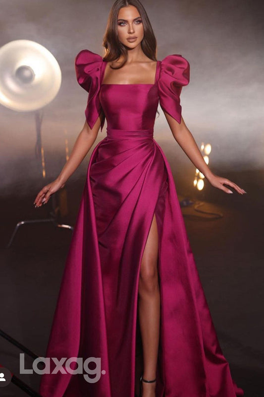 22183 - A-line Square Half Sleeves Sleek Satin Party Prom Formal Evening Dress with Slit