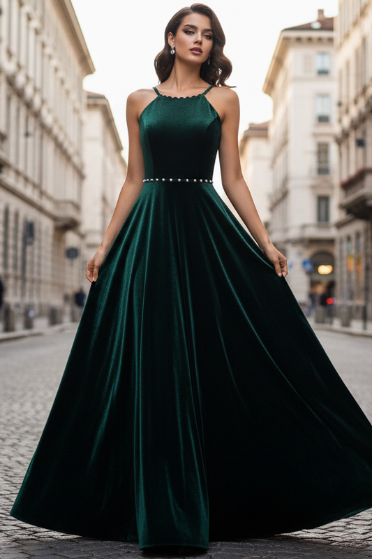 Halter-Neck Off-Shoulder Sleeveless Beaded Velvet Pleated Floor-Length A-Line Prom Dress