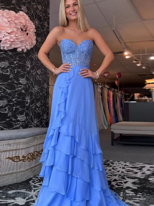 A-Line Sweetheart Sleeveless Beaded Applique Chiffon Pleated Tiered Long Prom Dress