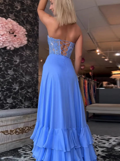 A-Line Sweetheart Sleeveless Beaded Applique Chiffon Pleated Tiered Long Prom Dress