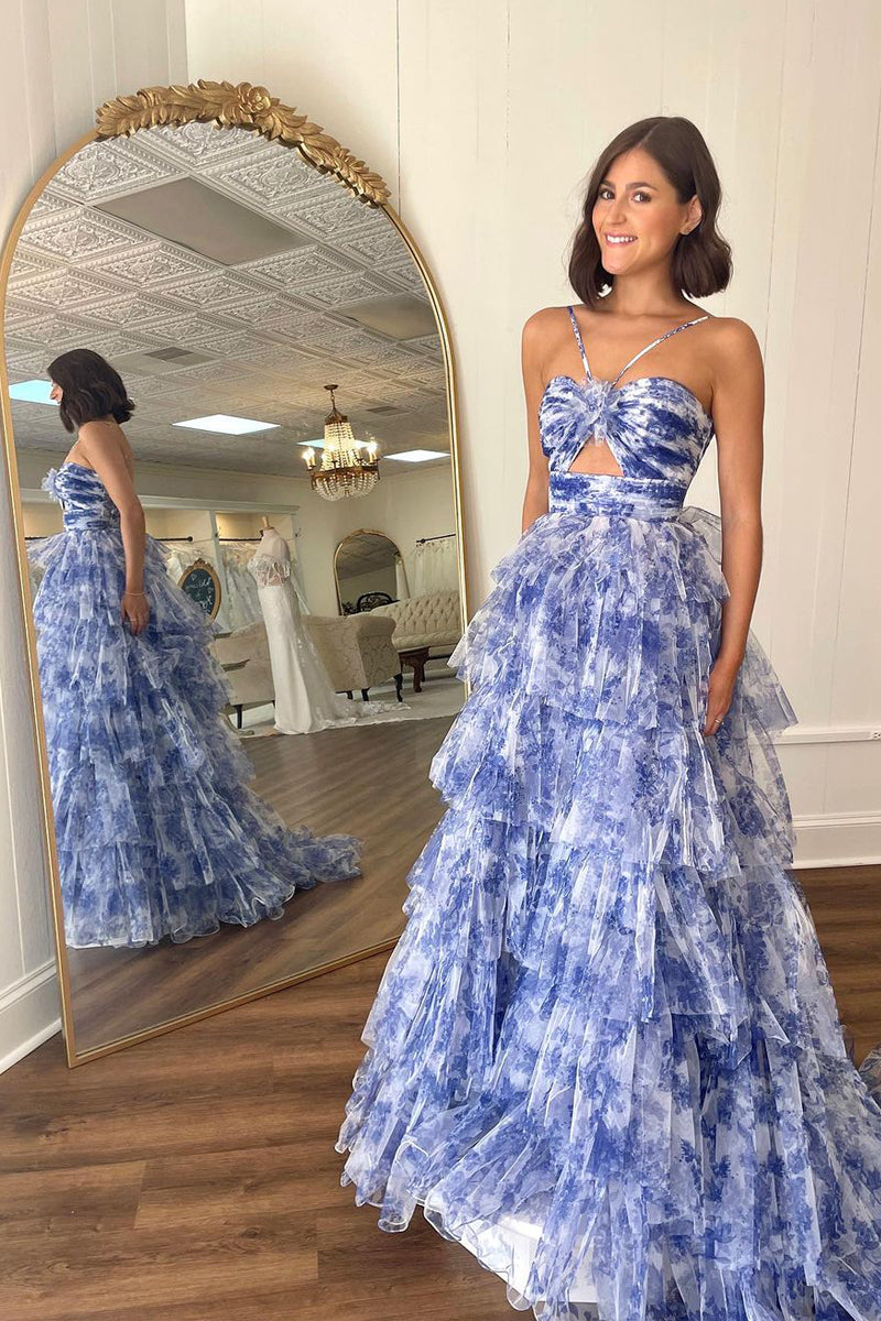 Halter-Neck Sleeveless Floor-Length Print-Chiffon Pleated Tiered A-Line Prom Dress