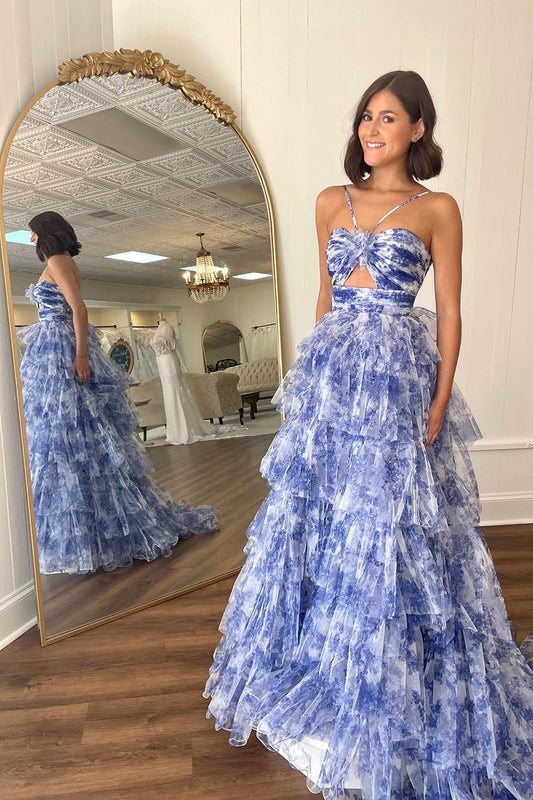 Halter-Neck Sleeveless Floor-Length Print-Chiffon Pleated Tiered A-Line Prom Dress