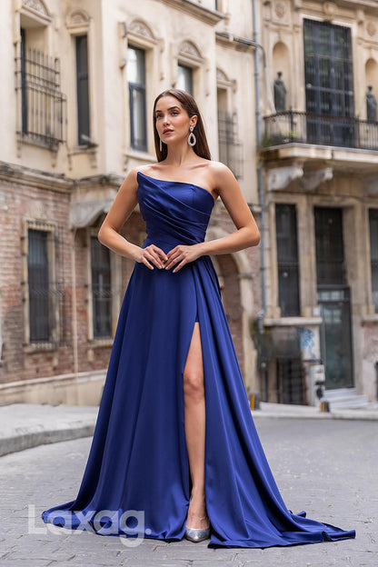 22192 - Asymmetric Strapless Draped Sleek Satin High Slit Party Prom Formal Evening Dress