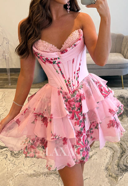 Sweetheart Off-Shoulder Sleeveless Applique Print-Chiffon Tiered A-Line Homecoming Dress
