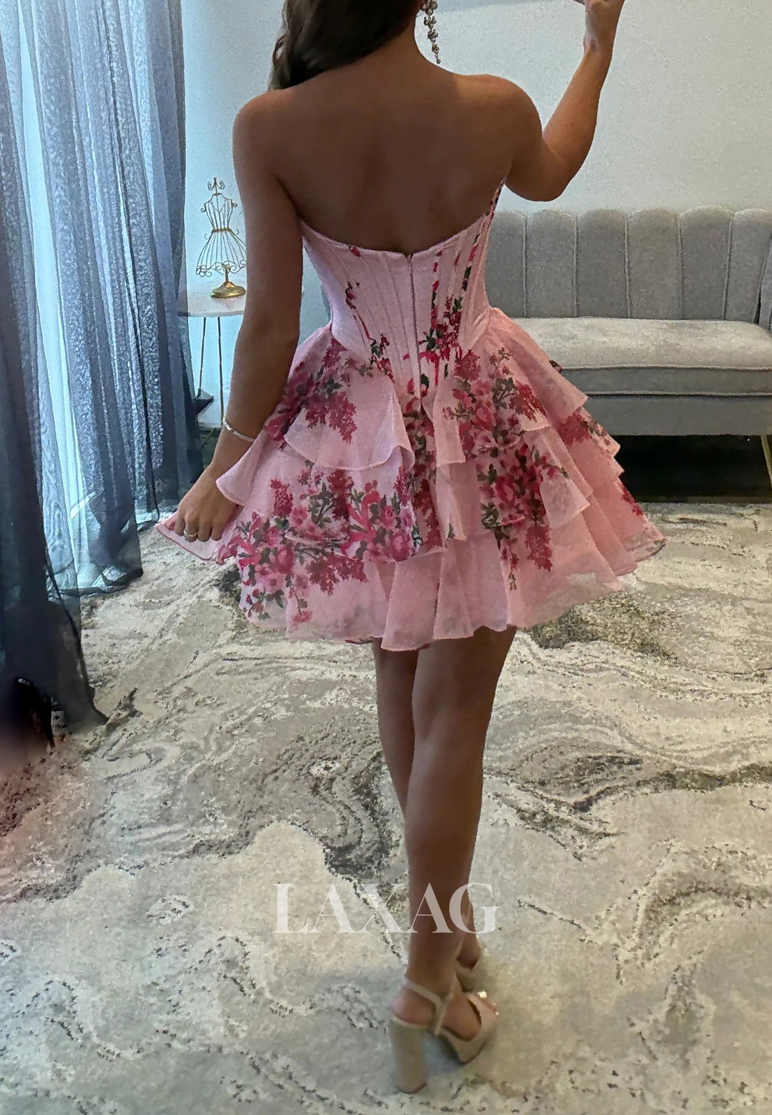 Sweetheart Off-Shoulder Sleeveless Applique Print-Chiffon Tiered A-Line Homecoming Dress