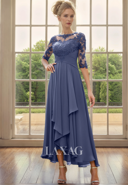 Bateau Half Sleeves Lace Appliques Chiffon Mother of the Bride Dress