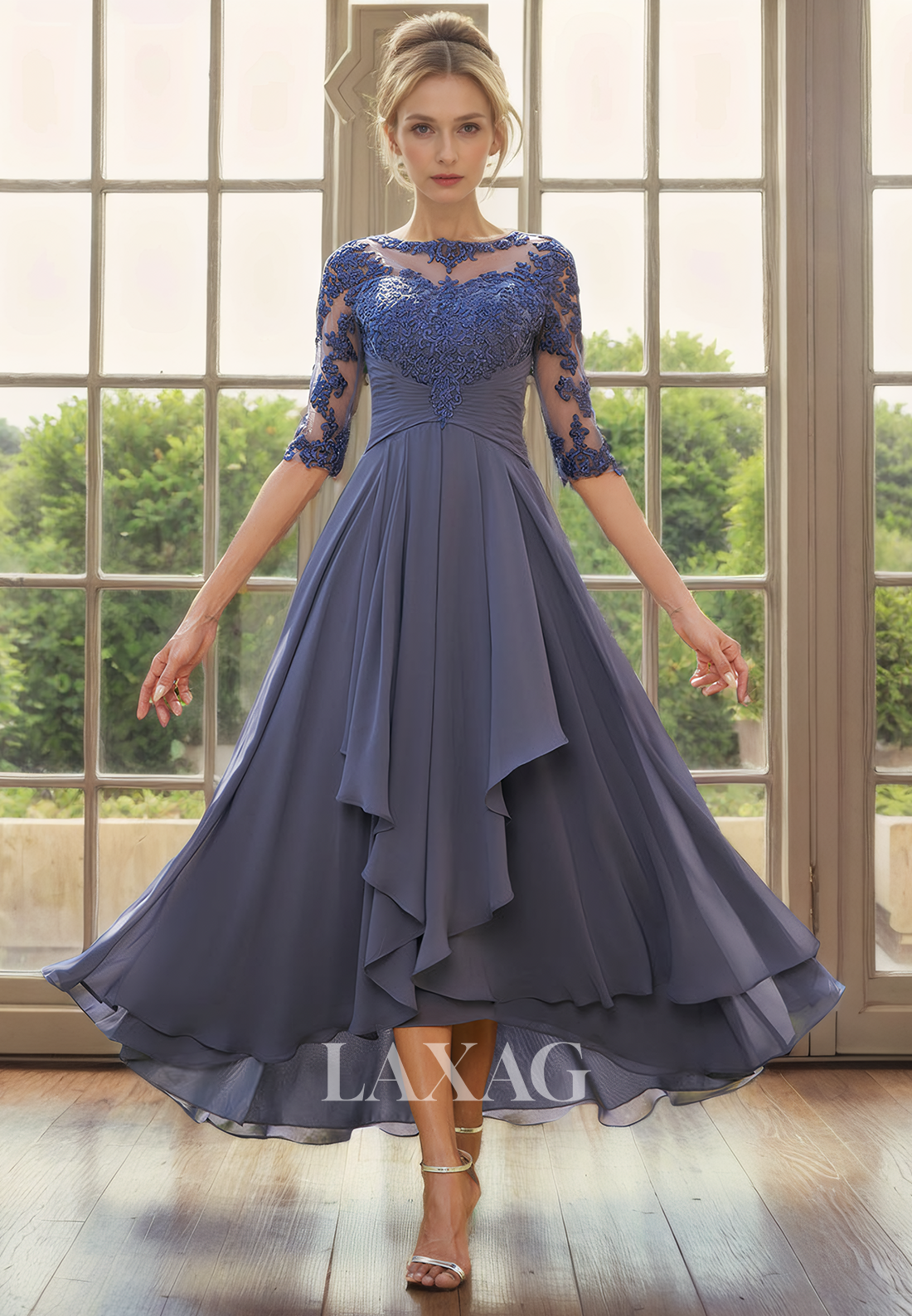 Bateau Half Sleeves Lace Appliques Chiffon Mother of the Bride Dress