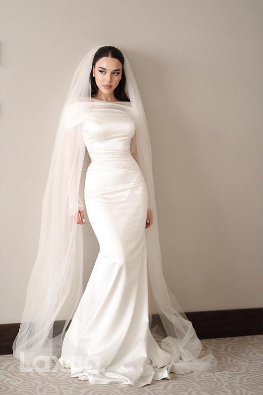 22372 - Bateau Lace illusion Sleek Satin Sheath Mermaid Wedding Dress