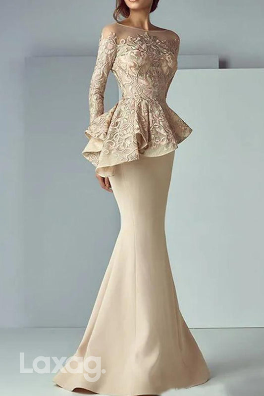 22736 - Bateau Long Sleeves Appliques Sleek Satin Mermaid Mother of the Bride Dress