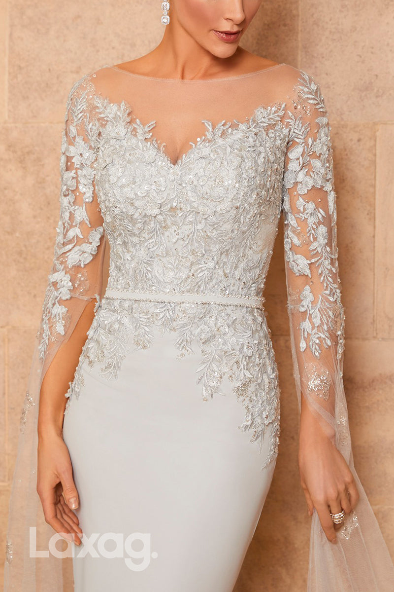 22928 - Bateau Long Sleeves Lace Appliques Sequins Sleek Satin Mother of the Bride Dress