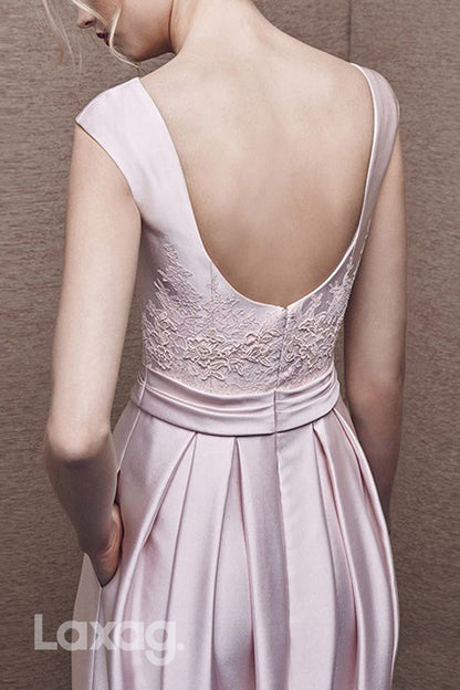 22691 - Bateau Open Back Appliques Sleek Satin Mother of the Bride Dress