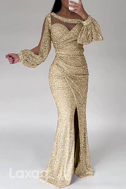 22509 - Bateau illusion Cutoutt Sequins Mermaid Mother of the Bride Dress with Slit