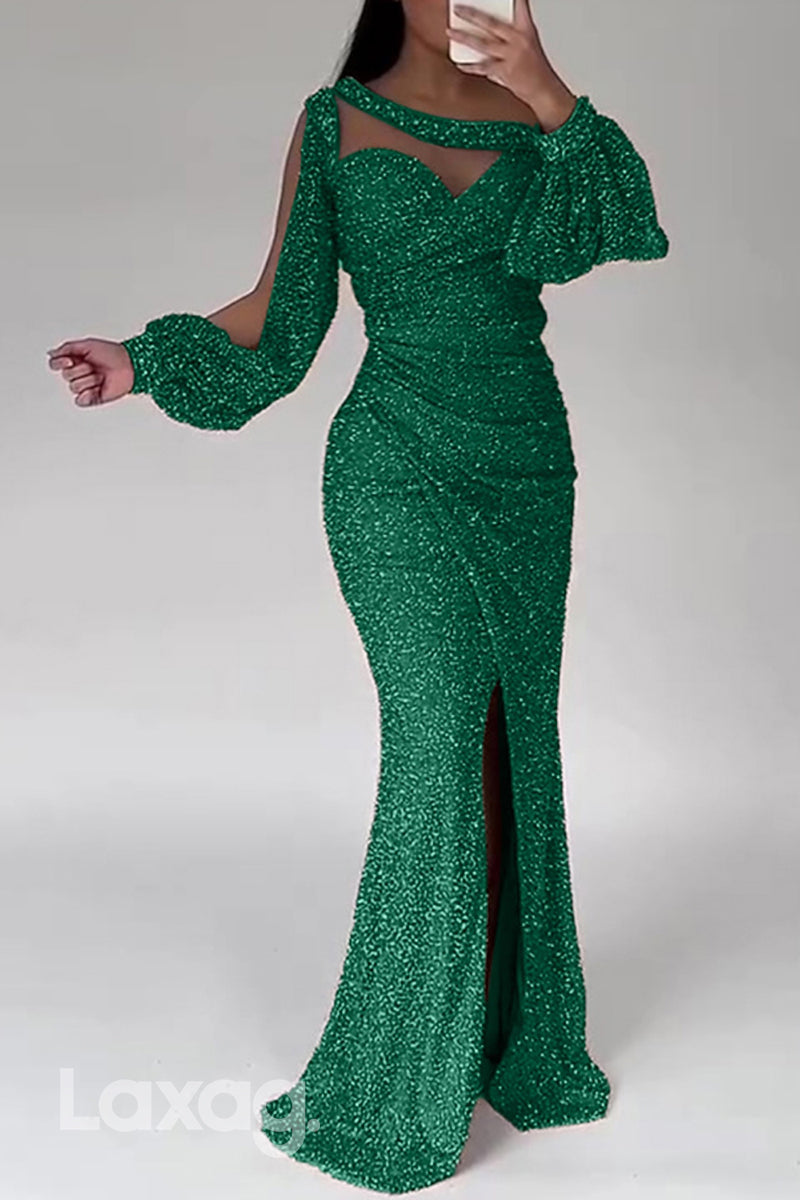 22509 - Bateau illusion Cutoutt Sequins Mermaid Mother of the Bride Dress with Slit