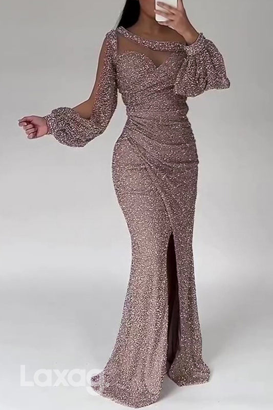 22509 - Bateau illusion Cutoutt Sequins Mermaid Mother of the Bride Dress with Slit