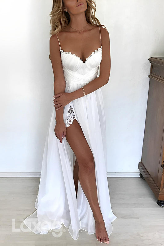 22659 - Beach A-Line Spaghetti Straps Lace High Slit Elegant Wedding Dress