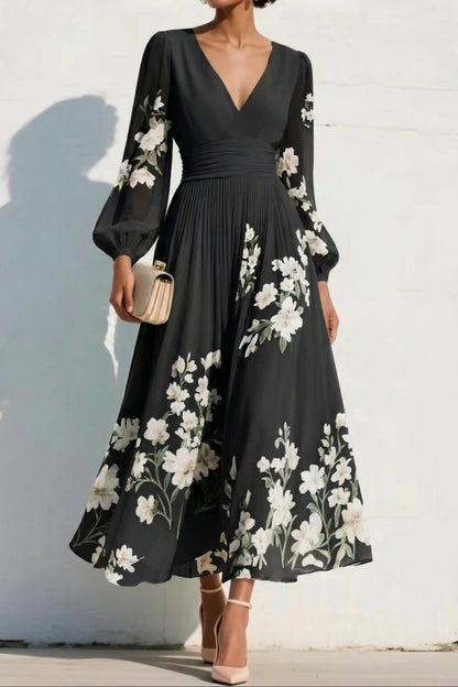 V-Neck Long-Sleeves Print-Chiffon Pleated Tea-Length A-Line Mother of the Bride Dress