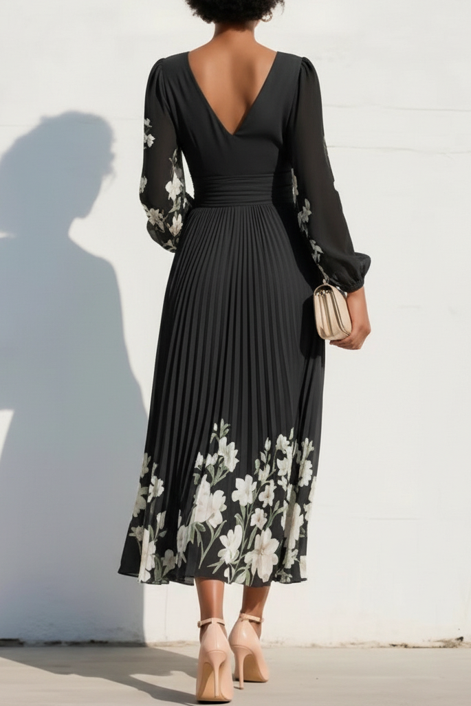 V-Neck Long-Sleeves Print-Chiffon Pleated Tea-Length A-Line Mother of the Bride Dress
