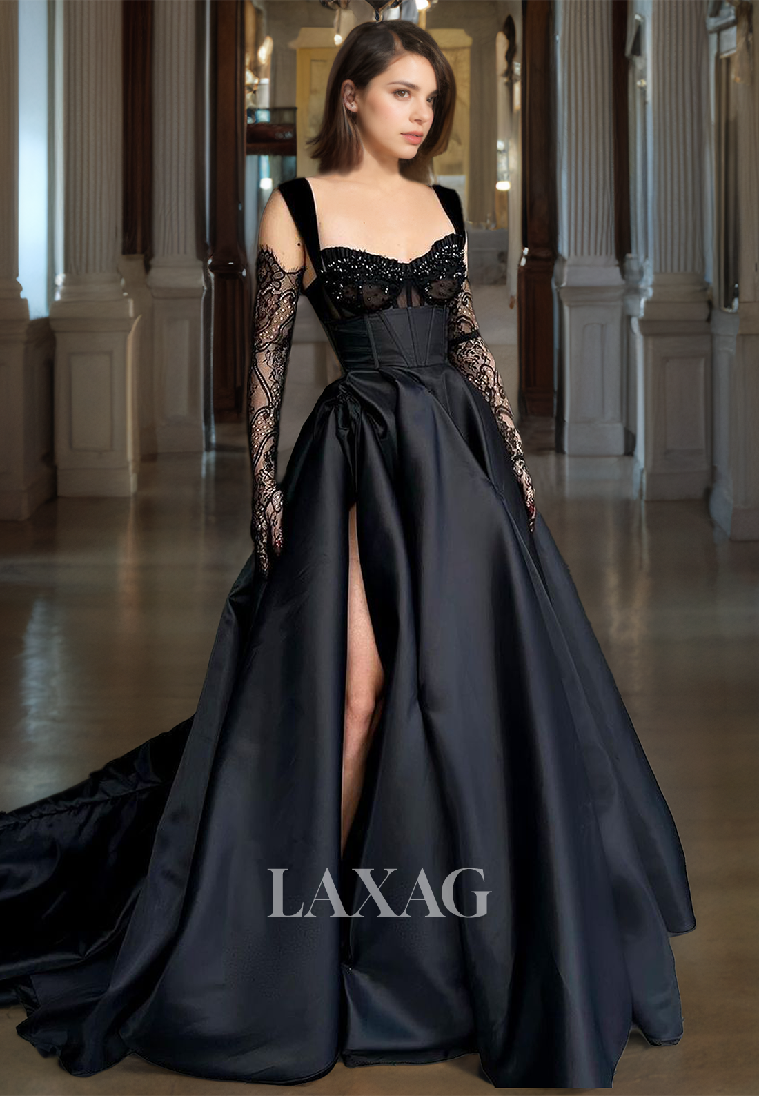 Black Long Party Dress A-Line Sweetheart Empire Waist Lace Satin Black Prom Dress