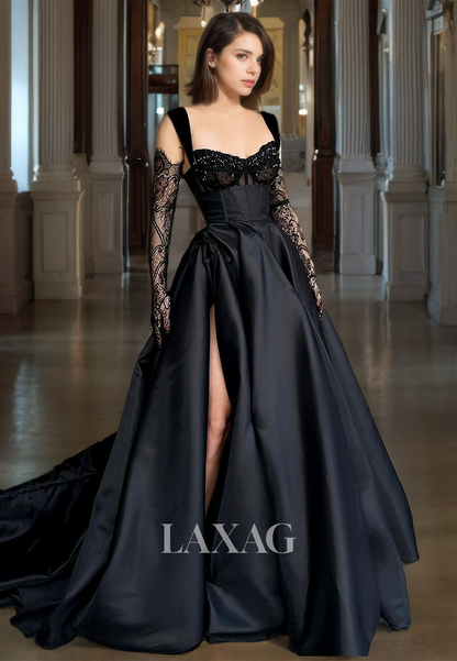 Black Long Party Dress A-Line Sweetheart Empire Waist Lace Satin Black Prom Dress