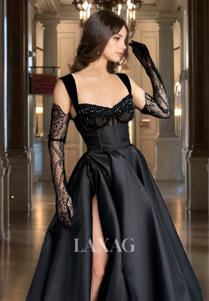 Black Long Party Dress A-Line Sweetheart Empire Waist Lace Satin Black Prom Dress