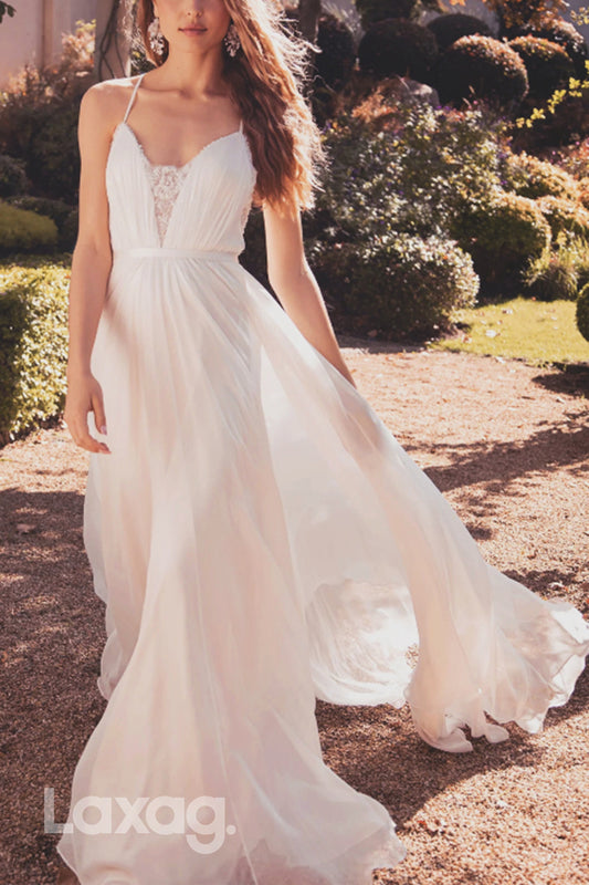 22661 - Boho A-Line V-Neck Straps Lace Tulle Elegant Wedding Dress with Train