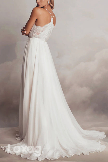 22661 - Boho A-Line V-Neck Straps Lace Tulle Elegant Wedding Dress with Train