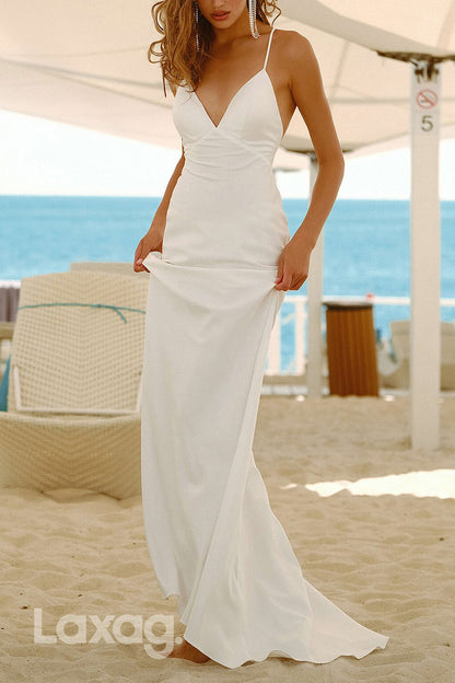 22660 - Boho Straps Backless V-Neck Sleek Satin Elegant Wedding Dress