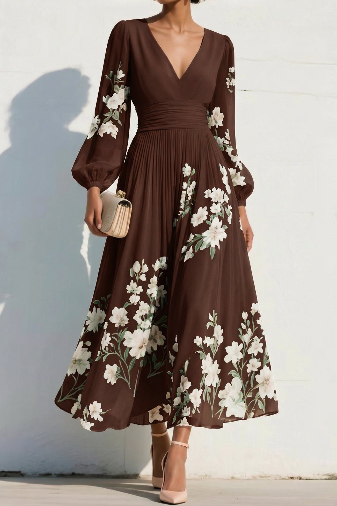 V-Neck Long-Sleeves Print-Chiffon Pleated Tea-Length A-Line Mother of the Bride Dress