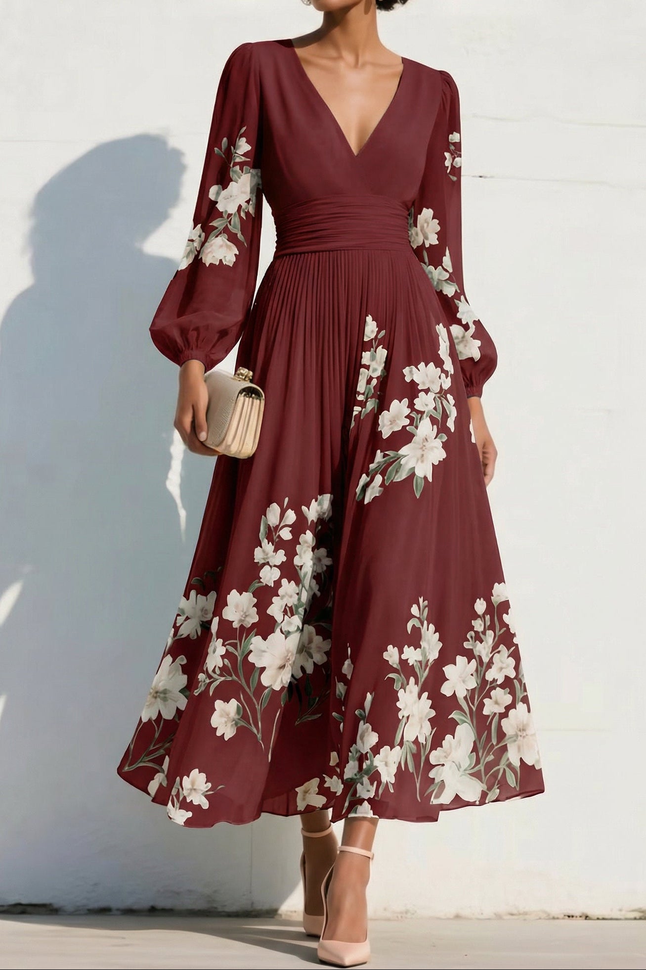 V-Neck Long-Sleeves Print-Chiffon Pleated Tea-Length A-Line Mother of the Bride Dress