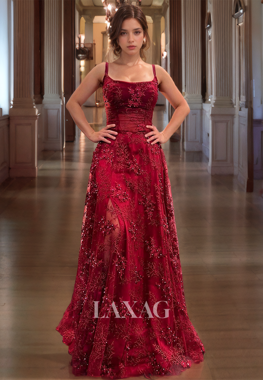 Burgundy Spaghetti Straps Lace Prom Dress Floor Length Luxury Formal Party Dresses