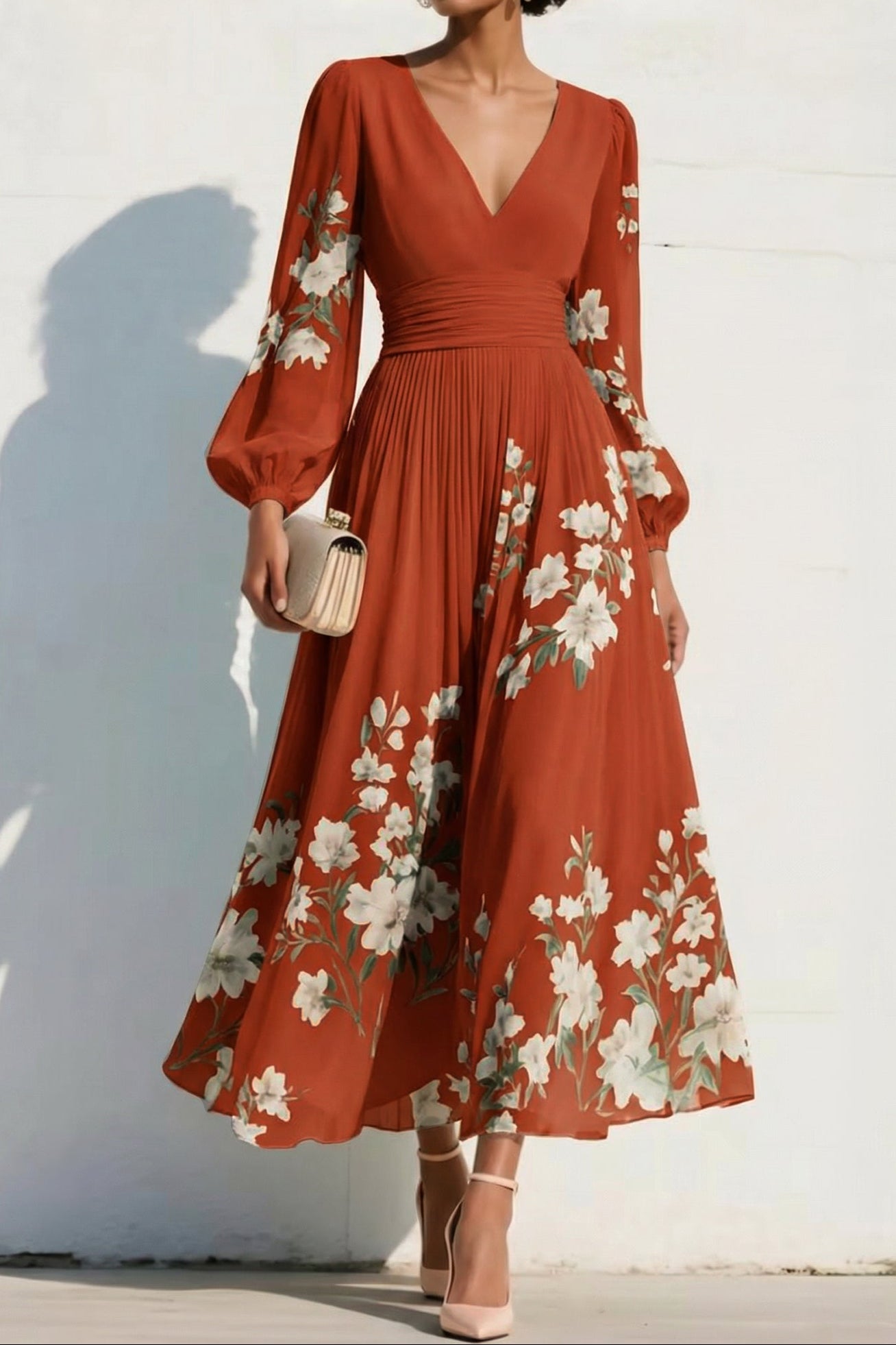 V-Neck Long-Sleeves Print-Chiffon Pleated Tea-Length A-Line Mother of the Bride Dress