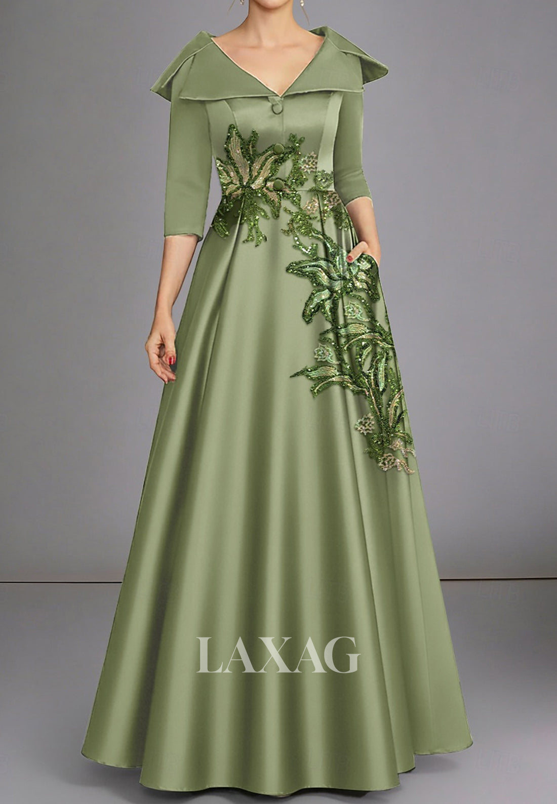 Floor-Length 3D-Floral Sequined Satin Pleated Formal Mother of the Bride Dress with Overskirt