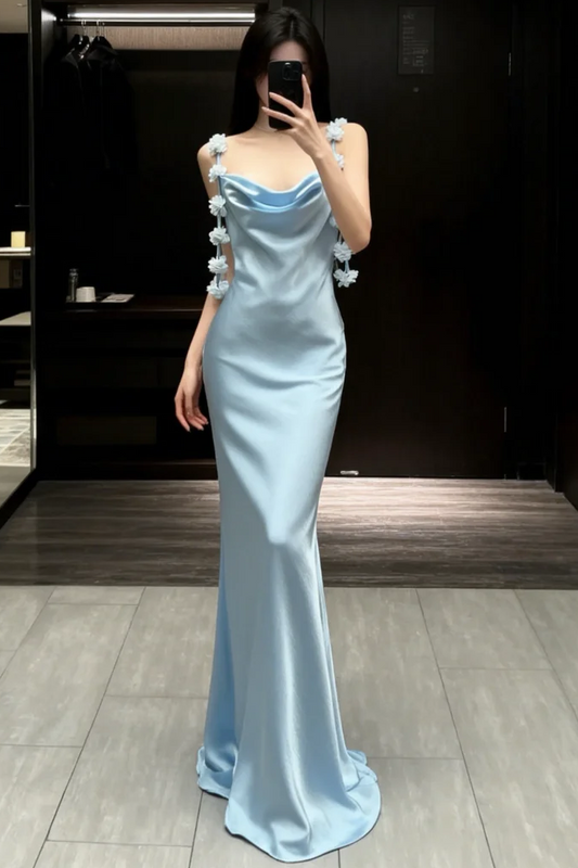 V-Neck Spaghetti Straps Sleeveless 3D-Floral Satin Pleated Floor-Length Mermaid Prom Dress