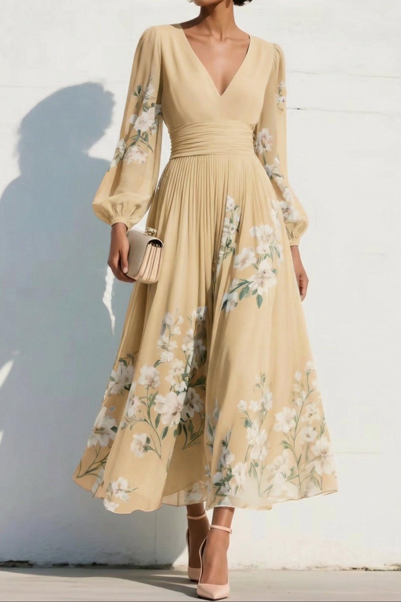 V-Neck Long-Sleeves Print-Chiffon Pleated Tea-Length A-Line Mother of the Bride Dress