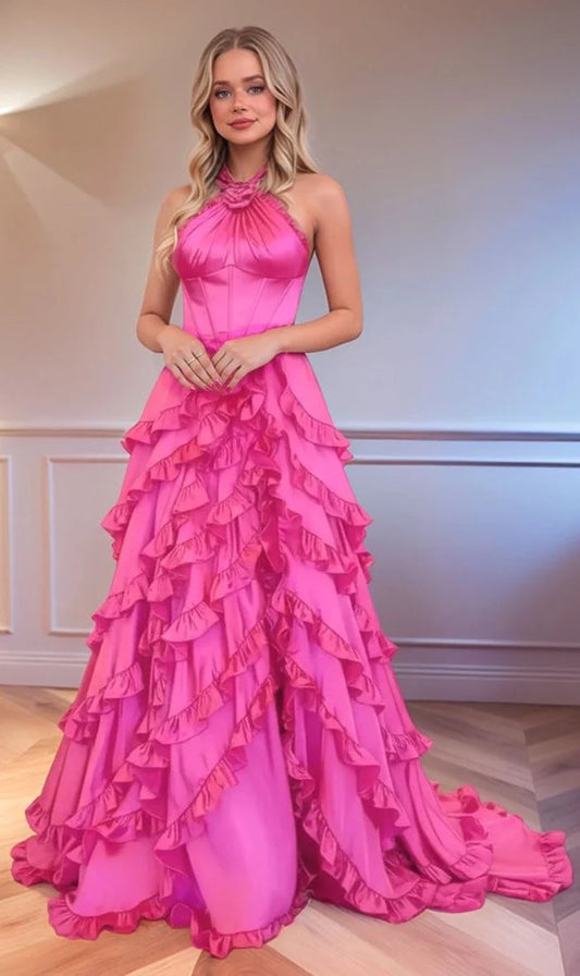 Halter-Neck Off-Shoulder Sleeveless Floor-Length Chiffon Ruffled Pleated A-Line Prom Dress